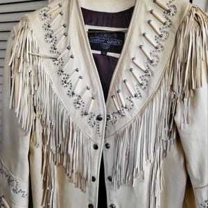 Ladies off white fringed genuine leather jacket